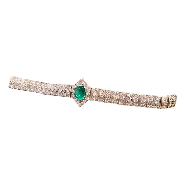 1930's Agl Certified 3.4 Ct Colombian Emerald & 8 Ct Diamond Platinum Bracelet For Sale
