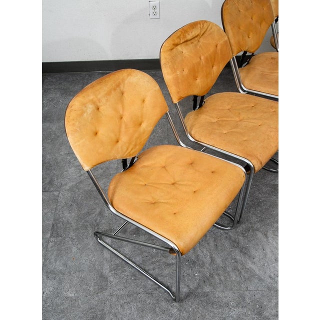 Tan 1960s Mid Century Danish Modern Dining Chairs Set 5 Tan Leather Attributed to Sam Larsson Dux Metal For Sale - Image 8 of 12