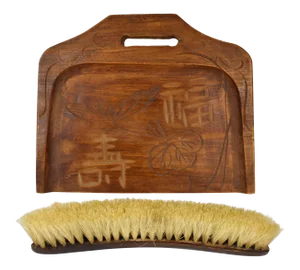 Mid 20th Century Vintage Wood Carved Silent Butler Crumb Pan Tray & Brush With Natural Bristles- 2 Pieces