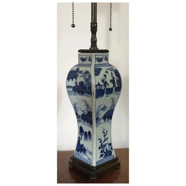 Chinoiserie Antique 19th Century Chinese Blue & White Porcelain Vase Decorated With Figures in Landscape Representing the Four Seasons Mounted as a Lamp For Sale - Image 3 of 11