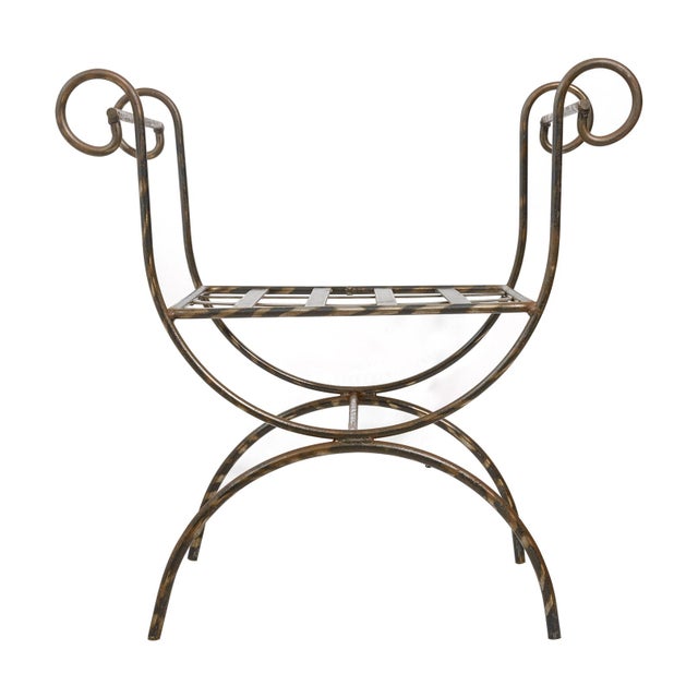 Pair French Hollywood Regency Curule Iron & Green Cushions Stools, 1920s For Sale In West Palm - Image 6 of 12