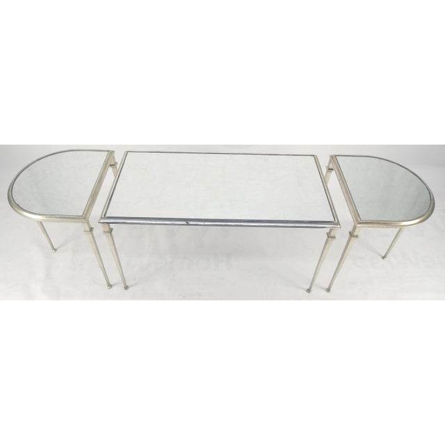 Mid-Century Modern Heavy Silver Gilt Steel Mirrored Top Racetrack Shape 3 Pieces Coffee End Tables For Sale - Image 3 of 10