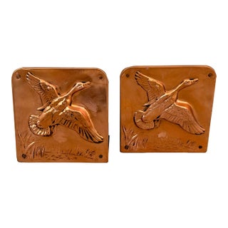 Arts & Crafts High Relief Vintage Copper Wrapped Flying Duck Bookends, Bruce Fox Style- A Pair For Sale