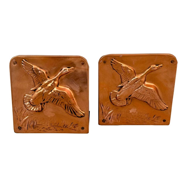 Arts & Crafts High Relief Vintage Copper Wrapped Flying Duck Bookends, Bruce Fox Style- A Pair For Sale