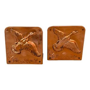 Arts & Crafts High Relief Vintage Copper Wrapped Flying Duck Bookends, Bruce Fox Style- A Pair