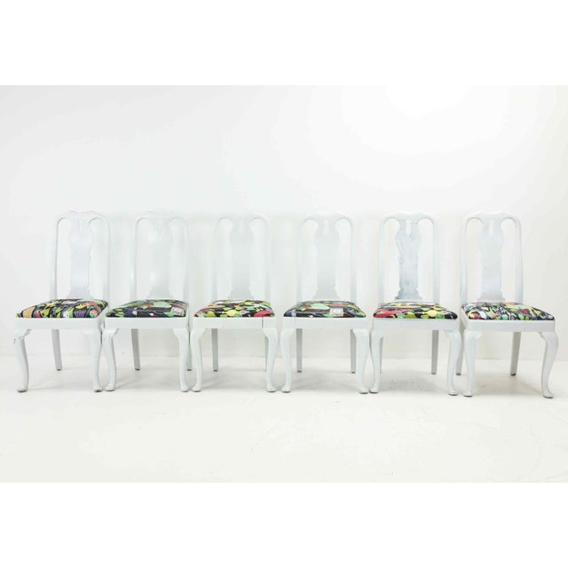 Mid 20th Century Mid 20th Century Set of 6 Swedish Rococo Style Painted Dining Chairs With Stig Lindberg “Melodi” Linen Upholstery For Sale - Image 5 of 8