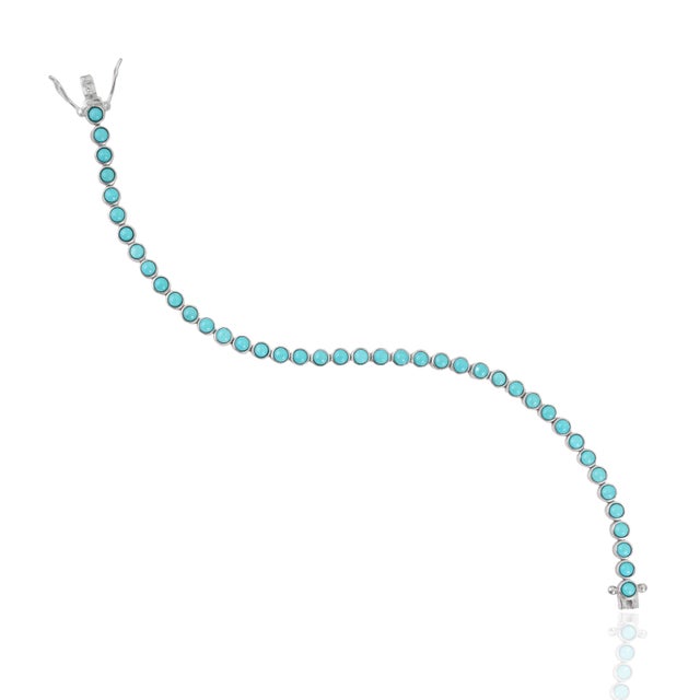 Metal Classic 5.07 Ct Bezel-Set Round Natural Turquoise Tennis Bracelet in 925 Silver For Sale - Image 7 of 14