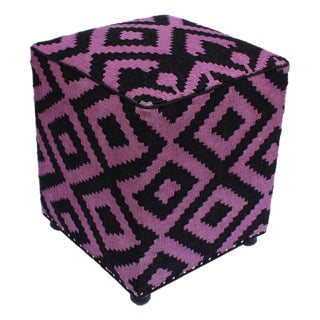 Boho Chic Black/Purple Handmade Kilim Upholstered Ottoman For Sale