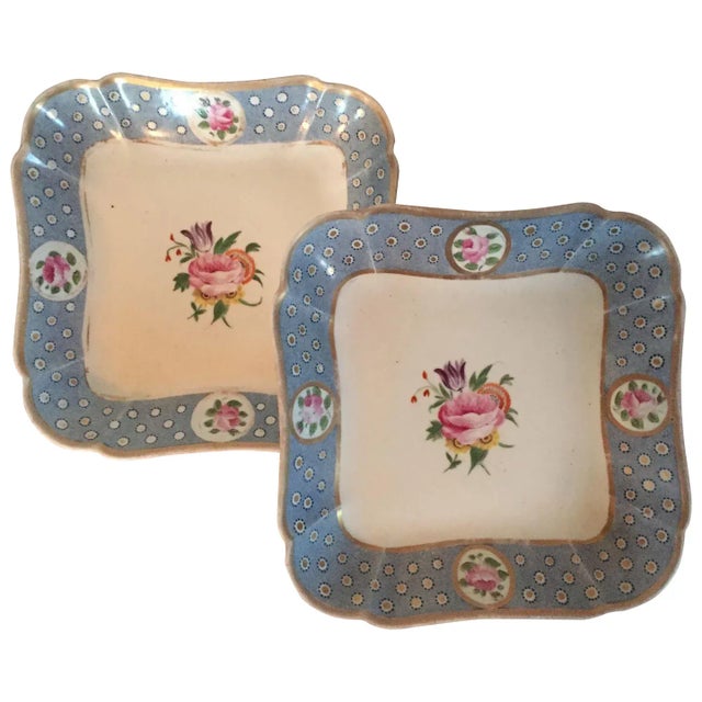 Early 19th Century English Coalport Porcelain Square Dessert Dish Plates Baby Blue with Pink Roses 1810 - A Pair For Sale - Image 11 of 11