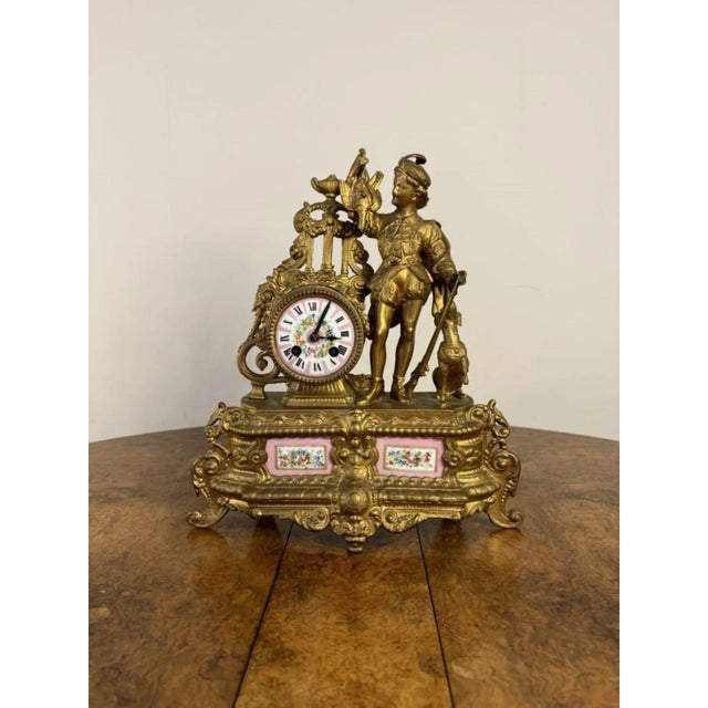 Mid 19th Century Antique French Victorian Gilt Metal and Porcelain Mantle Clock, 1860 For Sale - Image 5 of 6