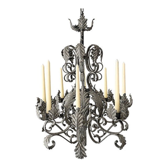 Vintage Patina Wrought Iron Tole Leaf 8 Candle Chandelier 30" Heavy French Style For Sale