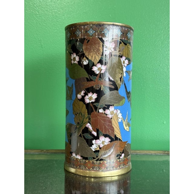 Paint Meiji Period Japanese Cloisonne Enamel Vase With Birds Butterflies and Insects For Sale - Image 7 of 18