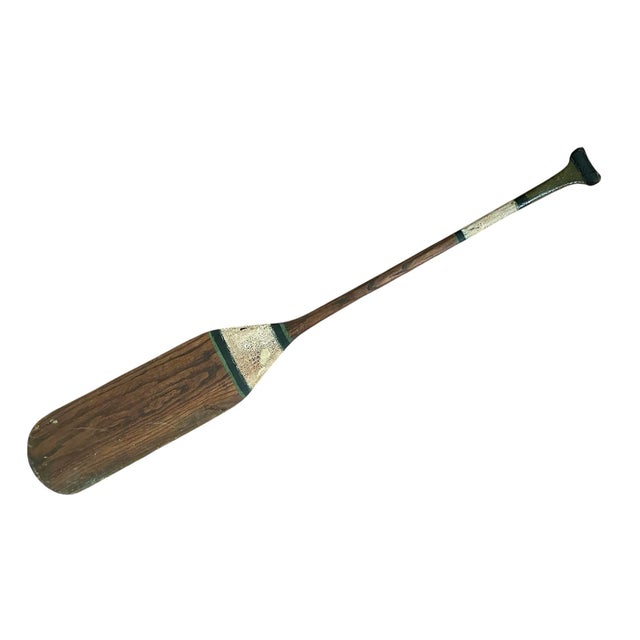 Antique Early 20th Century Hand Painted Monogrammed Wooden Canoe Paddle / Boat Oar With Olive Green, White & Black Striping, Circa 1920 For Sale In Dallas - Image 6 of 11