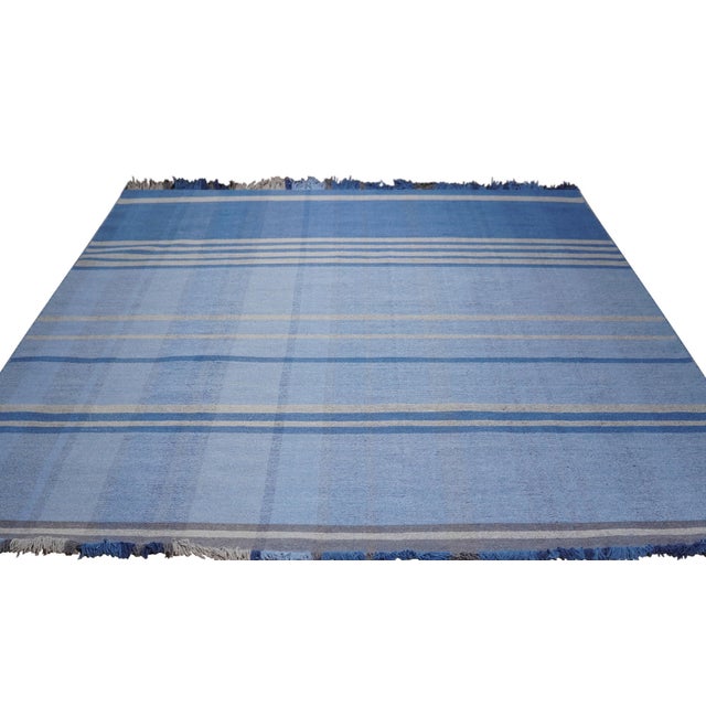 2020s 8x10 Maya Opulent Blue Kilim Geometric Plaid Modern Flatweave Wool Carpet Rug For Sale - Image 5 of 9