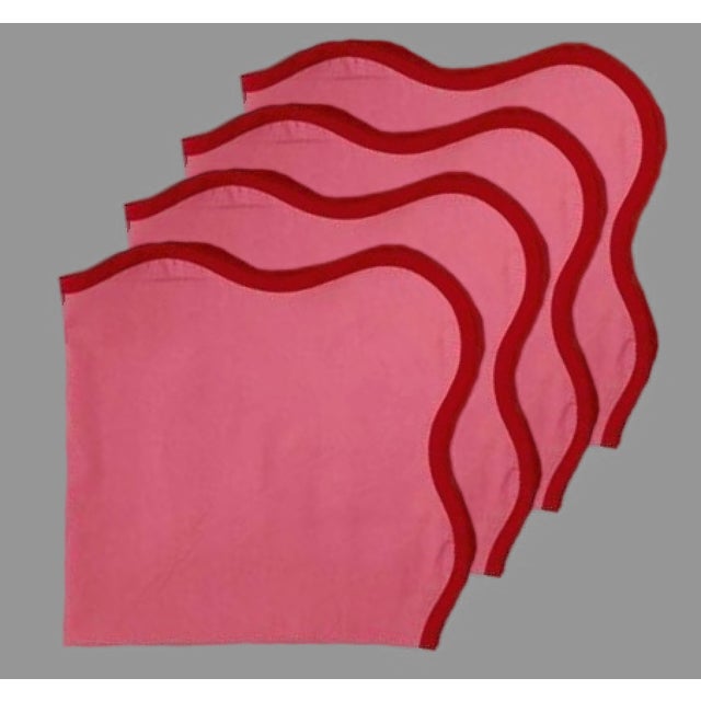 Modern Handmade Scalloped Napkins, Rose Pink with Red Piping - Set of 4 For Sale - Image 3 of 3