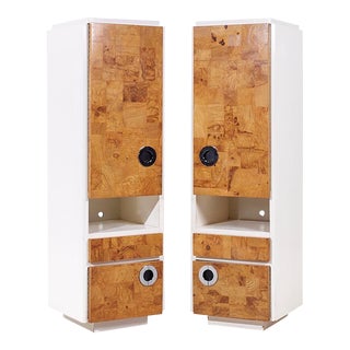 Milo Baughman for Lane Mid Century White Lacquer and Burlwood Armories - Pair For Sale