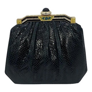 Judith Leiber Black Lizard Enamel Top Clutch For Sale