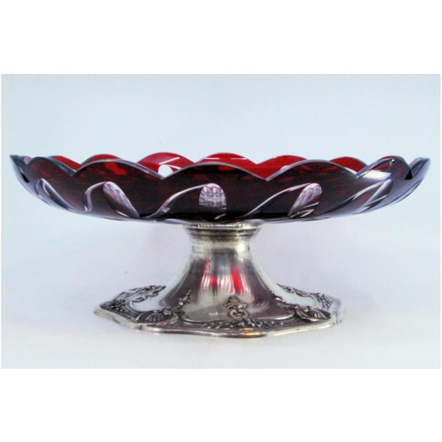 Fruit Bowl Centerpiece in Cut Crystal and Silver Base with Shells, in Very Good conditions. Designed 1890 to 1919 This...