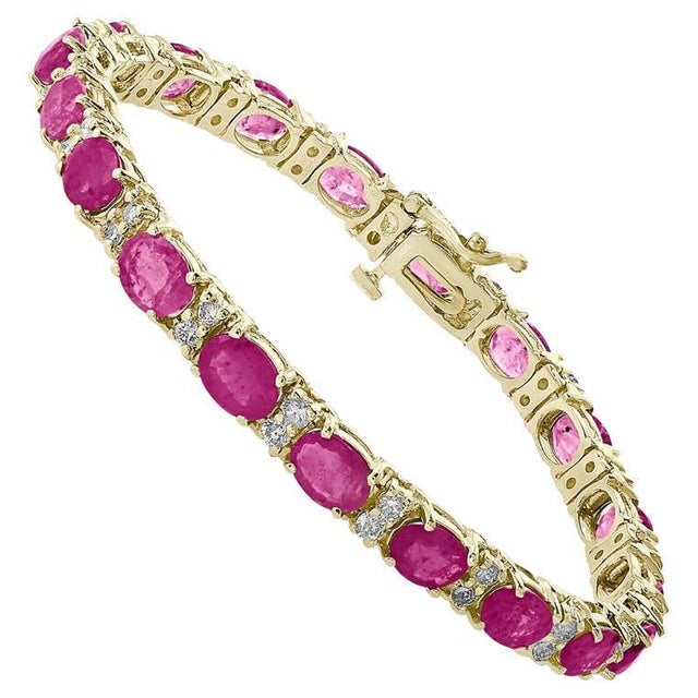 Ruby Red 11 Ct Oval Rubies and Diamond Tennis Bracelet 14 Karat Yellow Gold For Sale - Image 8 of 18