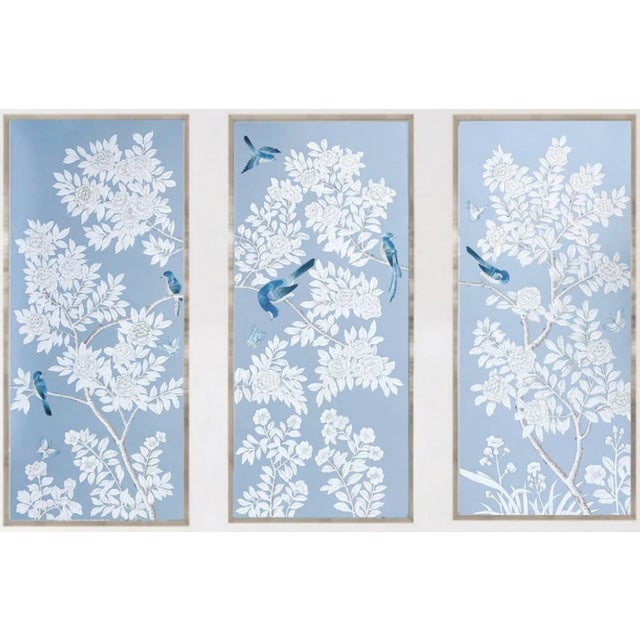Unframed Hand-Painted Silk Blue Chinoiserie Wallpaper Panels - Set of 3 For Sale - Image 4 of 9