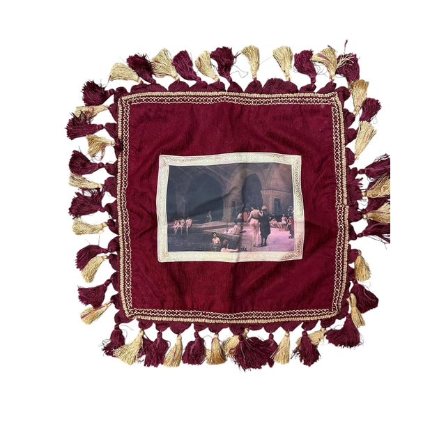 1940s Vintage Turkish Ottoman Style Velvet Accent Pillow Cover Burgundy Velvet Gold Tassel Fringe Maximalist Décor For Sale - Image 5 of 10