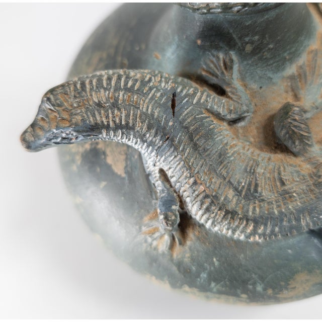 19th Century Arts and Crafts Verdigris Green Pottery Vase With Lizard, Restored For Sale - Image 11 of 13