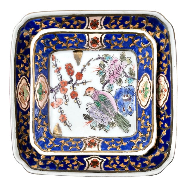 Pair of Bird Chinoiserie Cobalt & Gilt Porcelain Catchall Trays For Sale