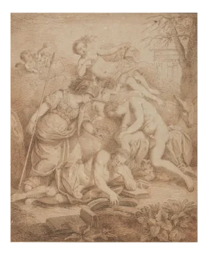 Allegorical Scene - Original Sepia Drawing Attribute to L.F. Dubourg -Early 1700 Early 18th Century