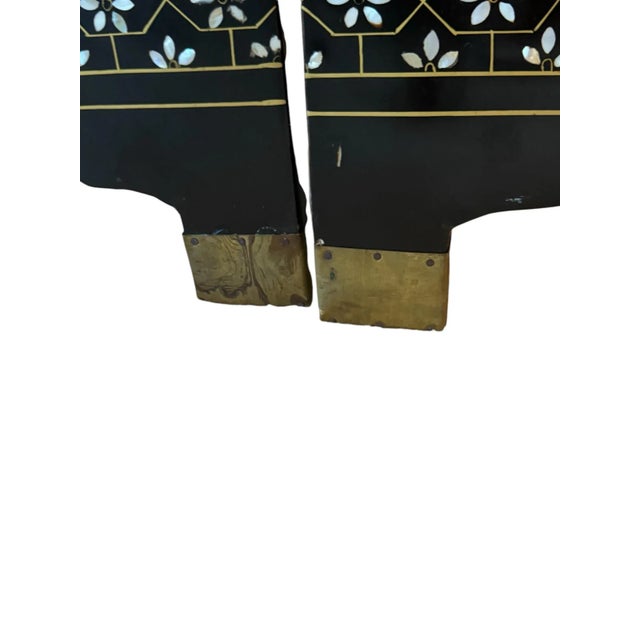 Black Chinese Black Lacquer and Carved Inlaid Hard Stone Four Panel Screen. Figures in a Landscape. Gilded Painted Flowers on the Back. Scholars Rock. For Sale - Image 8 of 12