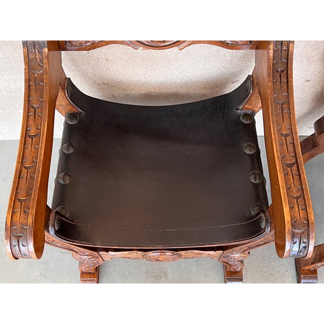 19th Pair of Carved Walnut Leather Savonarola Bench or Settee For Sale - Image 11 of 13