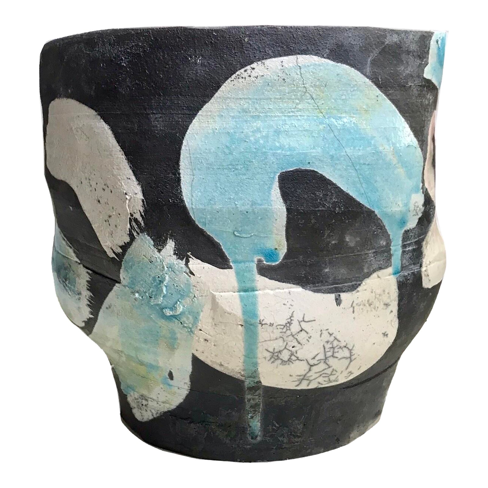 Contemporary Raku Fired Black White Blue Art Studio Pottery Stoneware ...