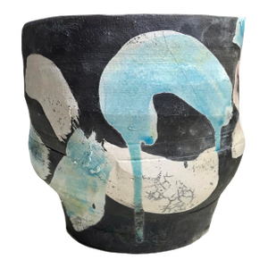 Contemporary Raku Fired Black White Blue Art Studio Pottery Stoneware Large Bowl / Modernist Ceramic Crackle Planter Catch All