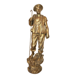 Large Antique Gold Gilded Metal Sheep Herder Paysan Figural Statue Sculpture