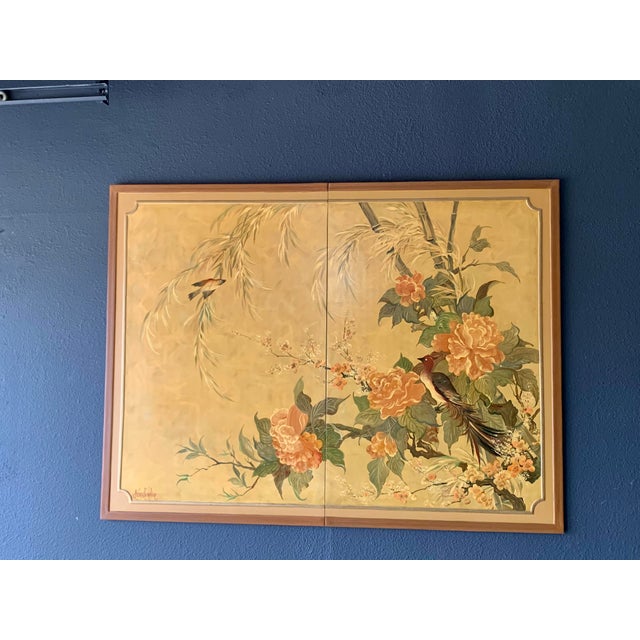 Mid-Century Modern 1960s Lucien Leinfelder Two Panel Hand Painted Screen For Sale - Image 3 of 17