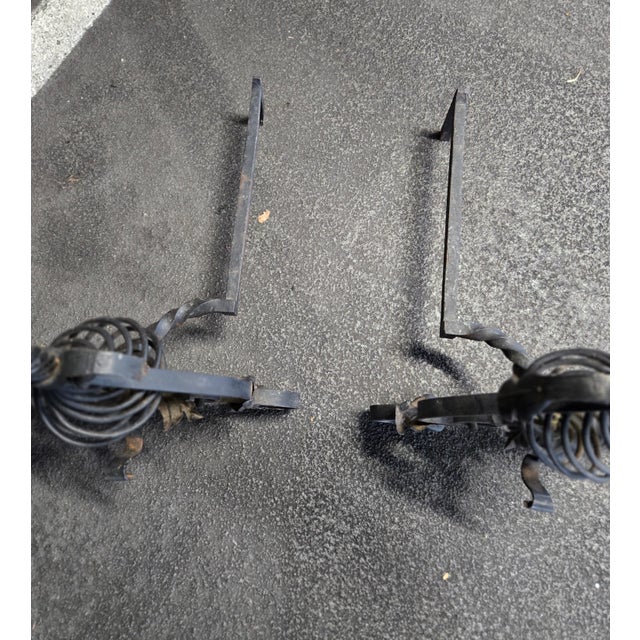 Metal Large Mizner Style Turn of the Century Wrought Iron Andirons For Sale - Image 7 of 9