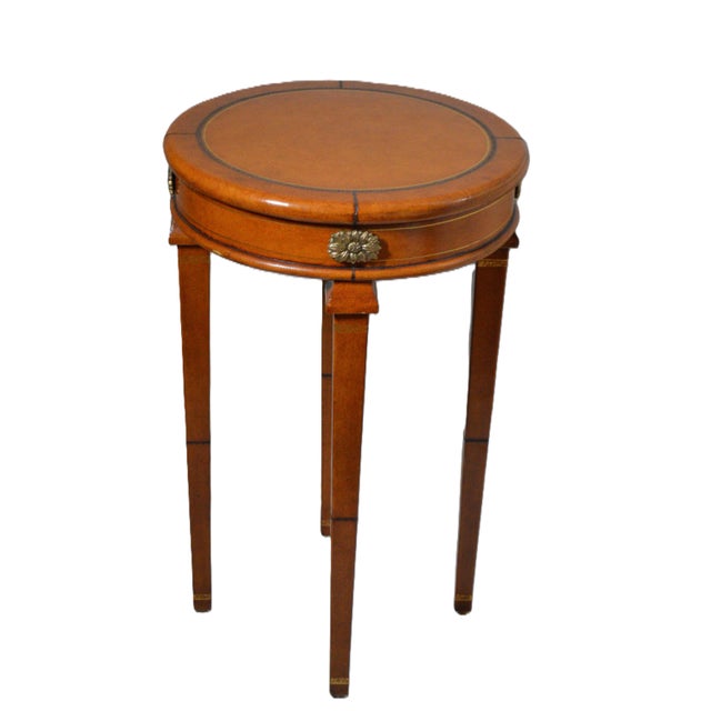 Transitional Maitland Smith Style Round Leather Wrapped Brass Gueridon Side Drink Table For Sale - Image 3 of 11