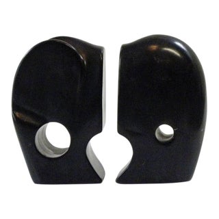 Mid Century Modern Elephant Carved Stone Bookends- A Pair For Sale