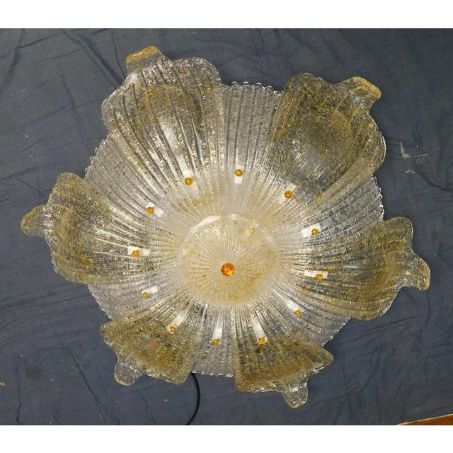 Vintage golden colored Italian Murano glass flush mount with clear and amber graniglia leaves / Made in Italy in the style...