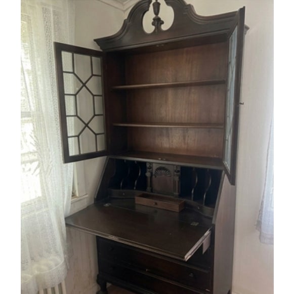 Vintage Secretary Desk With Glass Hutch – Traditional Chippendale Style For Sale - Image 13 of 14