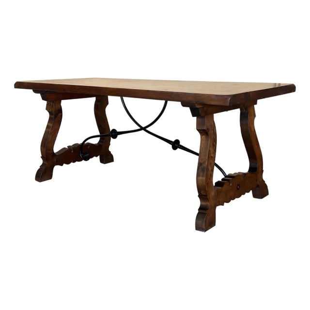 19th C. Dining or Console Table of Walnut with Lyre Legs and Heavy Top, Spain For Sale