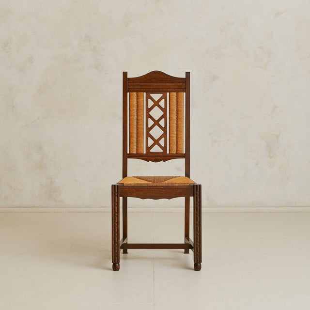 French Set of 6 French Rush + Oak Dining Chairs, 1940s For Sale - Image 3 of 9