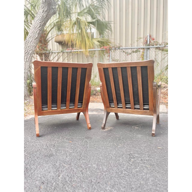 Wood Pair of Antique Teak Lounge Chairs + Black Cushions | in the Style of Esperanto for Drexel For Sale - Image 7 of 12