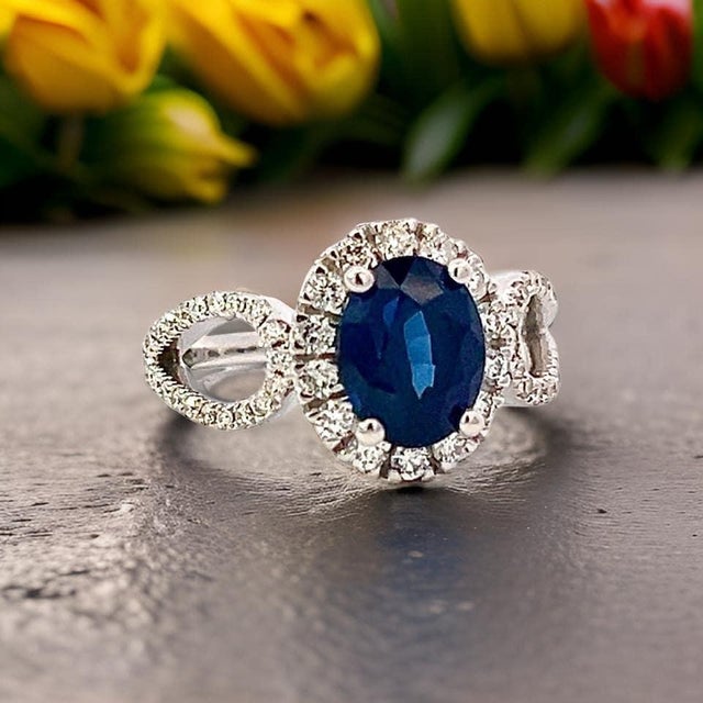Natural Sapphire Diamond Ring Size 6.25 14k W Gold 2.31 TCW Certified For Sale - Image 4 of 14