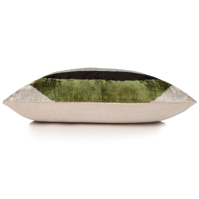 Textile Handmade Olive Green & Charcoal Ikat Velvet Lumbar Pillow 16x24 | Modern Organic Accent For Sale - Image 7 of 8
