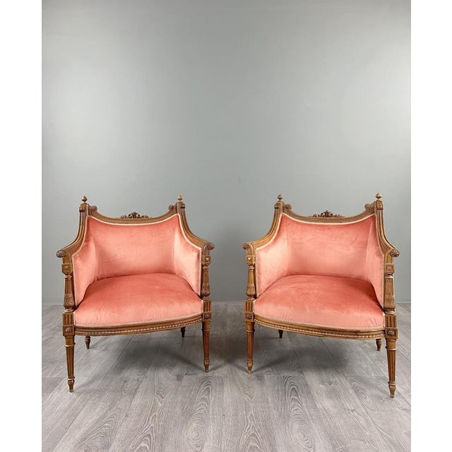 20th Century Louis XVI Bergère Armchairs in Carved Wood and Velvet, Set of 2 For Sale - Image 13 of 13