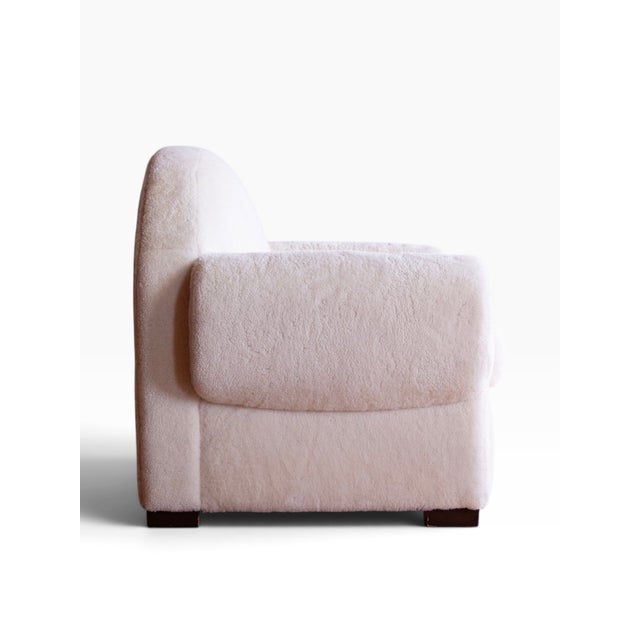 Wood Art Deco Shearling Club Chair and Ottoman, 1980s For Sale - Image 7 of 10