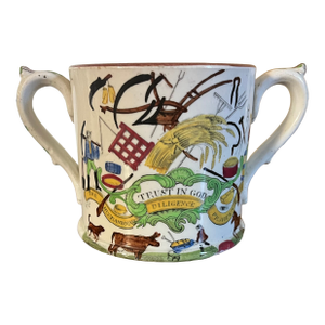 Antique 19th Century English Staffordshire "God Speed the Plough" or "Farmer's Arms" Twin Handled Cider Mug