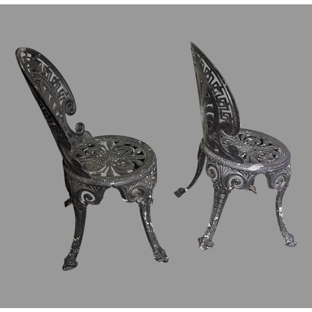 Pair Vintage Cast Aluminum Patio Garden Chairs Greek Key Shell Back Black Metal For Sale - Image 4 of 7