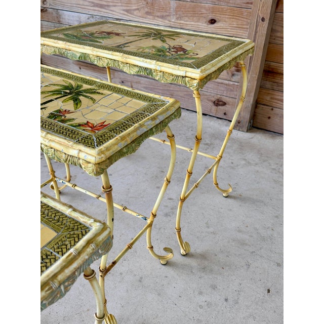 Light Yellow Vintage Hollywood Regency Monkey Mosaic Stacking Nesting Tables – Set of Three For Sale - Image 8 of 12