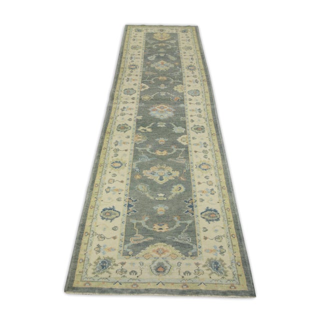 Early 21st Century Early 21st Century Gray Multicolor Floral Design Handwoven Wool Turkish Oushak Rug 3'1" X 10'7" For Sale - Image 5 of 7